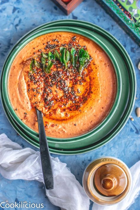 Peanut Tomato Chutney is a popular chutney recipe from Andhra Pradesh, India. It serves as a great side for Idli/Dosa/Uttapam/Pessarattu. Simple & delicious. #tomato #peanut #chutney #Andhra #sidedish #foridli #fordosa #foruttapam #quick #easy #simple #Indian #nocook #recipe #sauce #dip #red #homemade Tomato Chutney Recipe, Recipe Sauce, Peanut Chutney, Types Of Snacks, Idli Dosa, Dal Recipe, Tomato Chutney, Chutney Recipe, Chutney Recipes