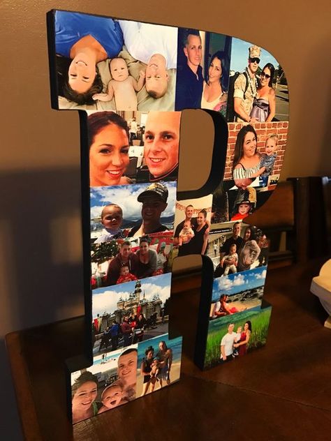 Wooden Letter Photo Collage Letter With Pictures, Letter Picture Collages, Graduation Picture Boards, Homemade Gifts For Girlfriend, Photo Collage Ideas, Letter Photo Collage, Romantic Diy Gifts, Wedding Collage, Photo Letters