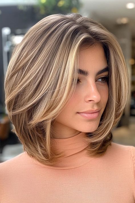 Layered Bob Haircut, Voluminous Layered Lob with Honey Blonde Highlights Voluminous Lob Haircut, Layer Bob Haircut Medium, Long Angled Bob Hairstyles With Layers, 90s Layered Long Bob, Layered 90s Bob, Honey Short Hair, Medium Bob Hairstyles For Thick Hair, Honey Blonde Hair Bob, Stacked Lob Haircut