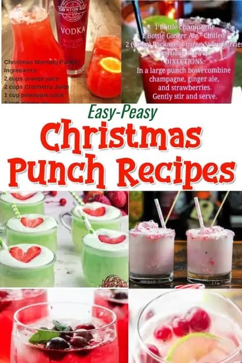 Christmas Punch Recipe Ideas - Easy peasy Christmas and Holiday punch recipes for Christmas morning, brunch, big batch punch recipes for a crowd. See Christmas themed spiked punch recipes and non-alcoholic too. Punch recipes include ingredients like vodka, ginger ale, sherbet, pineapple juice, raspberry, cranberry and more. Skip the traditional boring Christmas party punches at your winter party and try these unique twists on holiday drinks. Christmas Punch For Kids Party, Christmas Punch Recipes Non Alcoholic With Sherbet, Christmas Punch For Kids Easy, Christmas Punch Recipes For Kids, Christmas Punch With Sherbet, Spiked Christmas Punch, Alcohol Punch For A Party, Punch For Kids Party, Kids Punch Recipe