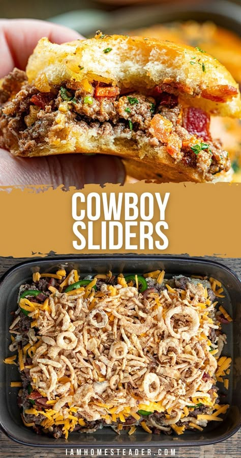 A hand holding a cowboy slider, and an overhead of the sliders before baking. Upscale Bar Food Ideas, Slider Recipes, Party Platters, Football Food, Beef Dinner, Game Day Food, Ground Beef Recipes, Main Meals, Main Dish Recipes