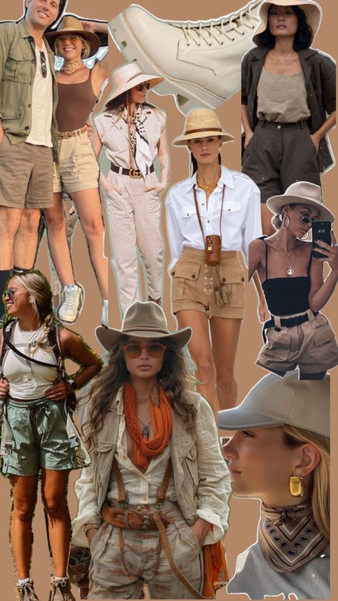 Safari hiking theme outfits Womans Hiking Outfit, Safari Outfit Women, Glamping Outfit, Africa Safari Clothes, Jungle Outfit, Egypt Outfits, South Africa Fashion, South Africa Safari, Safari Outfit