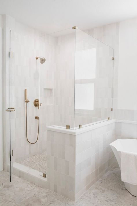 #ProjectBressiRanchReno — LS Design Studio Shower French Door, Square Shaped Bathroom Layout, 2 Sided Shower Enclosure, Full Glass Shower Master Bath, Shower And Freestanding Tub Side By Side, Shower Wand Placement, Partial Glass Shower Wall, Vanity Next To Shower Wall, Square Bathroom Layout Floor Plans