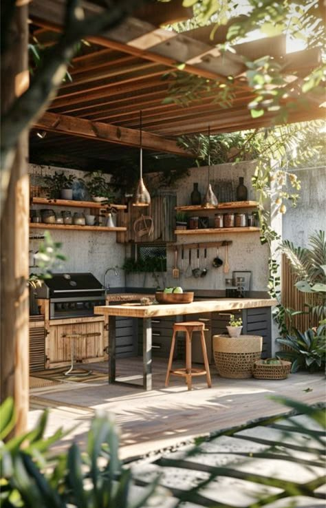 Outdoor French Kitchen, Open Kitchen Garden, Kitchen Garden Ideas Outdoor, Outdoor Simple Kitchen, Garden Cooking Area, Tiny Outdoor Kitchen, Open Kitchen Outdoor, Outdoor Kitchen Simple, Outdoor Small Kitchen