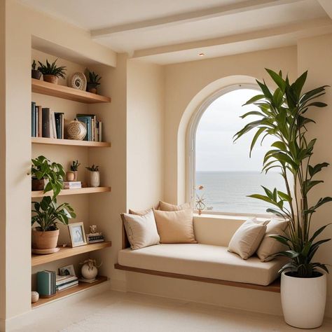 #windowseat #cozyhome #interiordesign #homedecor #windownook #spaceideas #interiorinspiration #homeideas #smallspaces #decoratingtips Recessed Seating Interior, Japandi Window Seat, Small Window Nook, Window Nook Ideas Living Room, Window Seat Library, Library Corner Living Room, Library Nook Ideas, Picture Windows Living Room, Plant Nook