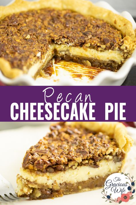 The only thing better than classic pecan pie is Pecan Cheesecake Pie. Combine the best of both worlds with the decadent gooey caramel flavor of pecan pie filling and crunchy pecans paired with rich, creamy vanilla cheesecake. Home Made Pecan Pie Recipes, Easy Pecan Cheesecake Recipes, Slow Cooker Pecan Pie, Pecan Pie Variations, Pecan Pie Trifle Recipe, Pecan Pie Cheesecake Recipe Easy, Cream Cheese Pecan Pie, Pecan Cream Cheese Pie, Carmel Pecan Pie