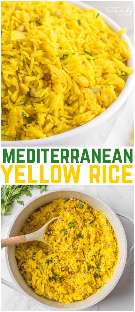 Mediterranean yellow rice Mediterranean Recipes Rice, Rice And Grains Recipes, Season White Rice Recipes, Fresh Tumeric Recipes Food, Mediterranean Rice Dishes, Meditteranean Rice, Par Boiled Rice Recipes, Vegan Rice Bowl Recipe, Golden Rice Recipes