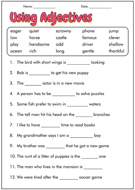 4th Grade Language Arts Worksheets Printable Grade 4 Language Arts, Third Grade English Activities, 3rd Grade Adjective Worksheet, Year 4 Worksheets Free Printable, Using Adjectives Worksheet, Third Grade Language Arts Worksheets, Fourth Grade Reading Worksheets, Grade Four English Worksheets, Ela Worksheets For 4th Grade