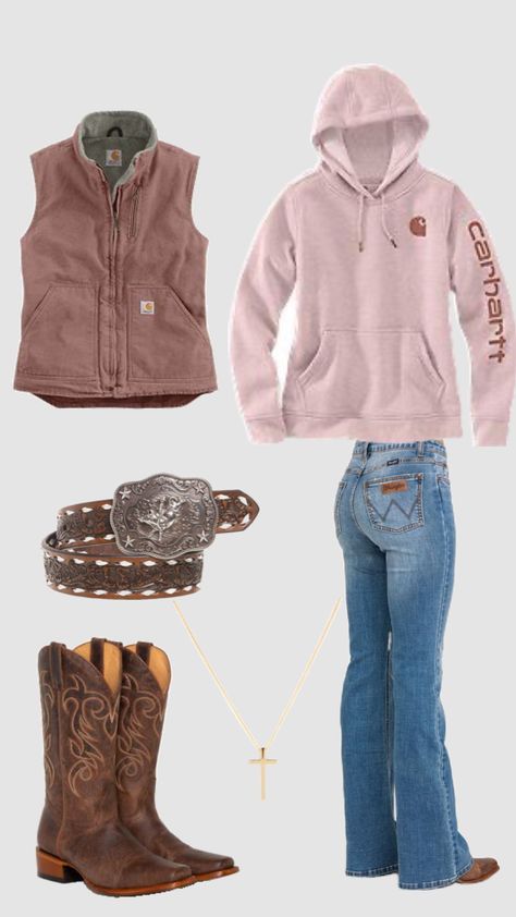 Outfit Ideas Country Girl, Western Women’s Outfits, Western Aesthetic Fashion, Casual Camo Outfits, Jean Jacket Outfits Western, Carhartt Women Outfits Hoodie, Country Fall Outfits Women, Ariat Vest Woman Outfit, Vaquera Fall Outfit