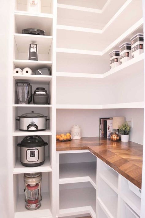 32 Pantry Organization Ideas for Ultimate Kitchen Harmony - placeideal.com Pantry Modern Farmhouse, Small Long Pantry Ideas, Small Prep Kitchen Pantry, Pantry Connected To Kitchen, Small Corner Pantry Shelving Ideas, Wrap Around Pantry Shelves, Smaller Pantry Ideas, Pantry Organization Ideas Corner, Turn Pantry Into Butler Pantry