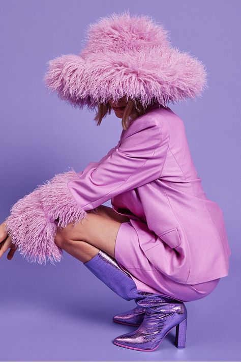 Pretty in pink  - Zip fastening Asymmetrical - Faux Mongolian fur - Fluffy Cuffs - Metallic close threading Pink Faux Fur Jacket Outfit, Fluffy Clothes Aesthetic, Akilah Core, Pink Fur Outfit, Rave Poses, Neon Outfit Ideas, Fur Illustration, Fluffy Clothes, Pink Shoot