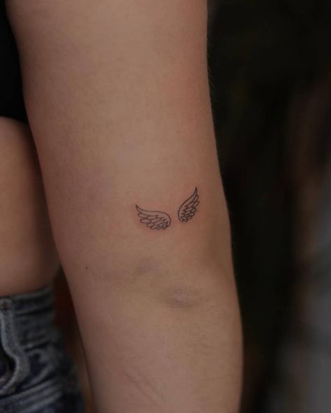 Wings Fine Line Tattoo, Wings Tattoo Behind Ear, Angel Wings Tattoo Behind Ear, Fine Line Tattoo Angel, Fine Line Angel Wings, Fine Line Angel Wings Tattoo, Angel Wings Tattoo Ideas, Angel Wings Tattoo Forearm, Tattoo Angel Wings