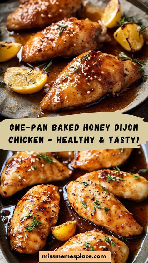 This One-Pan Baked Honey Dijon Chicken is a healthy, easy-to-make meal with tender chicken, drizzled in a sweet and tangy honey mustard glaze. Bursting with flavor, this dish is perfect for anyone looking for a quick dinner option that’s both nutritious and delicious. Clean-up is a breeze, and the whole family will love the blend of honey, Dijon mustard, and herbs. Ideal for busy weeknights or simple meal prep, this recipe will soon be a household favorite! Roasted Honey Dijon Chicken Bowl, Easy Clean Chicken Recipes, Healthy Chicken Dinner Oven, Easy 1 Pan Chicken Dinners, Honey Mustard Pecan Crusted Chicken, Healthy Dinner Recipes Half Baked Harvest, Yummy Chicken Seasoning, Healthy Chicken Glaze, Paleo Honey Mustard Chicken