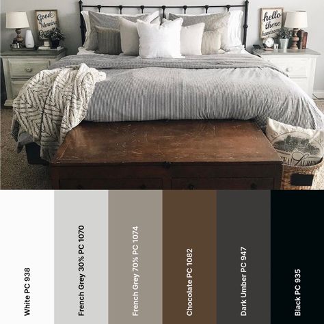 White Brown Gray Bedroom, Grey Black White Brown Interior, Dark Wood And Gray Bedroom, Black Metal And Wood Bed Frame, Dark Gray Color Palette Bedroom, Black White Grey Brown Bedroom, Light Grey Bedroom Walls Dark Brown Furniture, Black Grey Wood Bedroom, Grey With Dark Wood