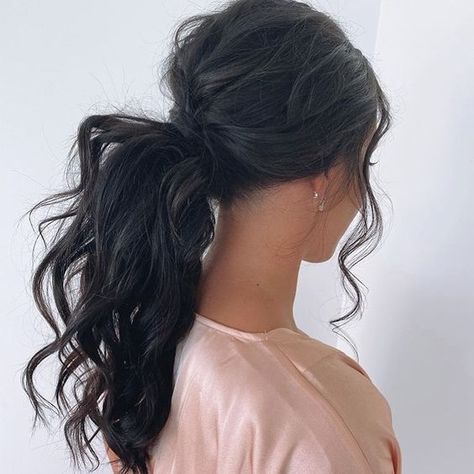 Low Pony And Braid, Ponytail Updo Front View, Wedding Ponytail Hairstyles Dark Hair, Low Textured Ponytail, Wedding Ponytail Hairstyles Brunette, Messy Ponytail Brunette, Brunette Bridal Ponytail, Low Pony Formal Hair, Textured Bridal Ponytail