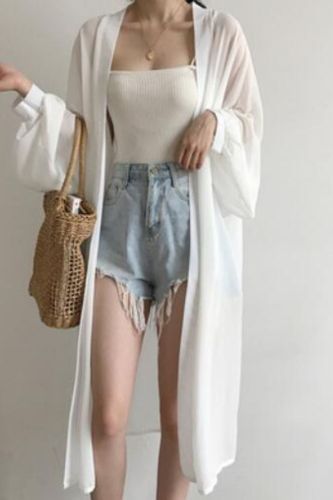 Kimono Beach Summer Cardigan Women Long Sleeve White Shirt Plus Size Vintage Clothes Blusas Mujer De Moda 2021 Cardigan Outfit Summer, Dress Beach Outfit, Long Cardigan Outfit, Beach Jacket, Long White Cardigan, Outer Cardigan, Long Outer, Chiffon Cardigan, Summer Cardigan