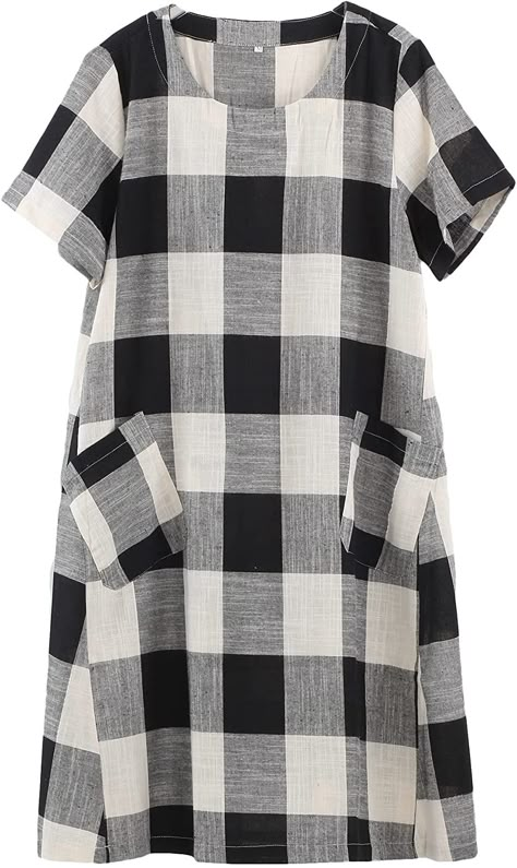 Linen Dresses Plus Size, Plus Size Tunic Dress, Plus Size Tunic, Linen Tunic Dress, Linen Shirts Women, Gaun Fashion, Shirt Dress Summer, Pockets Fashion, Plaid Tunic