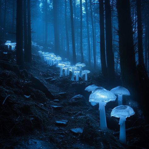 Glowing Forest #Mushrooms: #Bioluminescent #mushrooms illuminate a dark #forest trail under a mystical #blue night, casting an eerie glow. #Nature #NightPhotography #Art #NaturePhotography ⬇️ Download and 📝 Prompt 👉 https://stockcake.com/i/glowing-forest-mushrooms_1177586_844390 Glowing Mushrooms Aesthetic, Blue Mushroom Aesthetic, Bioluminescence Forest, Mushroom Forest Aesthetic, Dark Mushroom Forest, Luminous Mushrooms, Bioluminescence Aesthetic, Dark Enchanted Forest, Bioluminescent Mushrooms