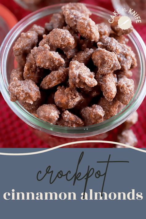 Crockpot Cinnamon Almonds are the holiday snack everyone craves, all made in your slow cooker. The sweet spiced nuts make for a fantastic snack to set out for gatherings, or package them up to gift to friends and family. | cakenknife.com Crock Pot Almonds, Cinnamon Almonds Recipe, Cinnamon Sugar Almonds, Candy Almonds Recipe, Crockpot Candy Recipes, Cinnamon Roasted Almonds, Slow Cooker Candy, Almonds Recipe, Crockpot Candy