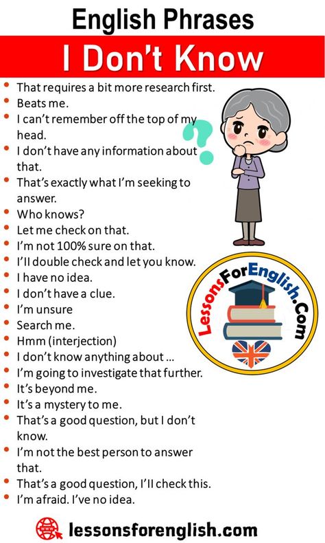 Dec 26, 2019 - English Speaking Tips, English Phrases – I Don’t Know That requires a bit more research first. Beats me. I can’t remember off the top of my head. I don’t have any information about that. That’s exactly what I’m seeking to answer. Who knows? Let me check on that. I’m not 100% sure on that. I’II double check and let you … I Don't Know Synonyms, How Can I Improve My English, Speaking Phrases, Speaking Tips, Teaching English Grammar, Improve English, English Learning Spoken, Essay Writing Skills, Conversational English