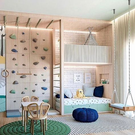 24 Playroom Ideas That Will Inspire You - Mom's Got the Stuff Cool Kids Rooms, Kids Room Inspiration, Climbing Wall, Toddler Bedrooms, Big Boy Room, Toy Rooms, Kids Interior, Kids Room Design, Toddler Room