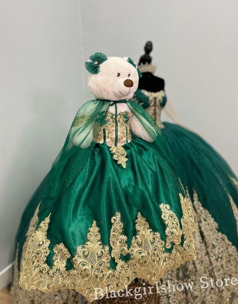 Emerald Green Quinceanera Teddy Bear Dress 2024 Luxury One Shoulder Gold Applique Strap Shawl Mini Quinceanera Dress - AliExpress 320 Mini Quinceanera Dress, Quinceanera Teddy Bear, Gold Quinceanera Theme, Mini Quinceanera, Emerald Green Quinceanera, Emerald Green Quinceanera Theme, Teddy Bear Dress, Green Quinceanera, Quinceañera Ideas