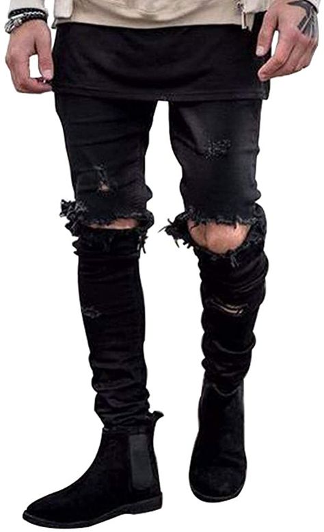 HUNGSON Men's Stretchy Ripped Skinny Biker Jeans Taped Slim Fit Denim Pants Black at Amazon Men’s Clothing store Black Ripped Jeans Outfit, Mens Ripped Jeans, Trendy Clothing Stores, Ripped Jeans Outfit, Casual Shorts Men, Ripped Pants, Ripped Jeans Men, Stretch Denim Pants, Biker Jeans