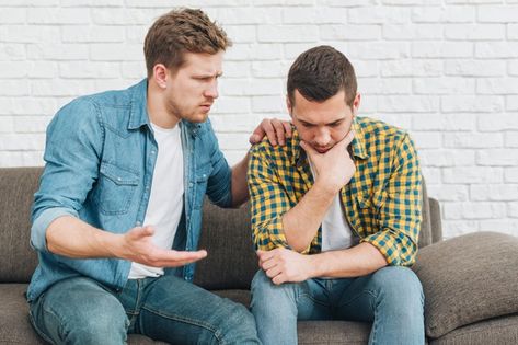 Portrait of a young man comforting his sad friend sitting on sofa Photo | Free Download Two People Talking Aesthetic, People Talking Aesthetic, Talking Aesthetic, Cool Poses To Draw, Two People Talking, Guy Friend, Thumbs Up Sign, Rabi Ul Awal, English Stories For Kids