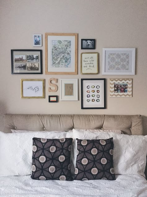 gallery wall above the bed Multiple Pictures Above Bed, Over The Bed Gallery Wall, Above Bed Gallery Wall Layout, Collage Wall Over Bed, Pictures Above Bed Aesthetic, Above Bed Collage Wall, Bedroom With Photo Wall, Records Above Bed, Photo Wall Over Bed