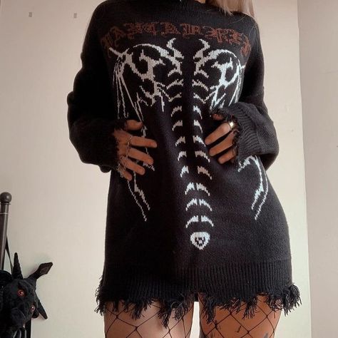 Alternative Sweater Outfit, Skeleton Sweater Outfit, Ripped Sweater Grunge, Goth Sweaters, Skeleton Outfit, Non Binary Outfits, Goth Sweater, Skeleton Clothes, Skeleton Sweater