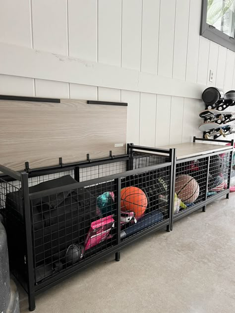 Garage Storage Lockers, Shoe Garage Storage Ideas, Toy Storage In Garage, Garage Baseball Organization, Mudroom Sports Storage, Outdoor Storage Room Ideas, Garage Fun Room, Organizing Sports Equipment, 3 Car Garage Ideas Interior