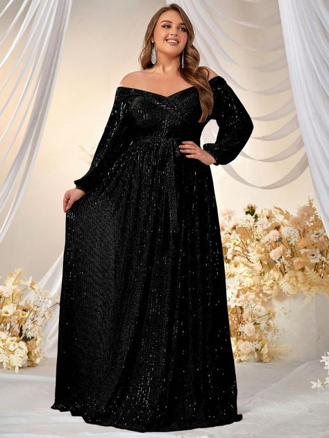 Giffniseti Plus Off Shoulder Lantern Sleeve Belted Sequin Formal Dress Plus Size Evening Gown Special Occasions, Gala Dresses Plus Size, Plus Size Gala Dress, Masquerade Ball Gown, Sparkle Gown, Plus Size Evening Gown, Colorful Dresses Formal, Plus Size Gowns, Sequin Formal Dress