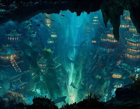 Atlantis City Art, Atlantis Fantasy Art, Water World Fantasy Art, Atlantis Art Underwater City, Dnd Setting Inspiration, Atlantis Artwork, Fantasy Water City, Water City Fantasy Art, Atlantis Illustration