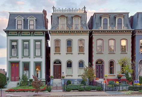 Historic Row Houses, French Row House, Row Of Cottages, Old Looking Houses, St Louis Houses, Lafayette Square St Louis, Row Houses Architecture, Row House Exterior, Small Row House