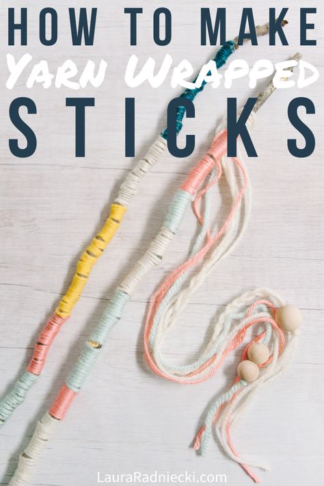 Looking for an easy nature craft for kids? Try these DIY yarn wrapped sticks! All you need are sticks, yarn and hot glue; let your imagination run wild! You can even turn these yarn wrapped sticks into magic wands! #naturecrafts #yarn #kidscrafts #lauraradniecki Stick Wrapped In Yarn, Yarn Sticks Craft, Yarn Wrapped Sticks, Yarn Sticks, Crafts With Yarn, Painted Sticks Diy, Yarn Wrapping, Hunter Birthday, Senior Banquet