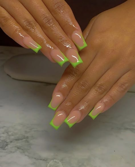 Color Acrylic French Tip Nails, Dark Green Nails Short Square, Lime Green Nails French Tip, Med Nail Designs, Short French Tip Acrylic Nails Color, Colored French Tip Acrylic Nails, Green Themed Nails, French Tip Nail Colors, Short Summer Acrylic Nails Square