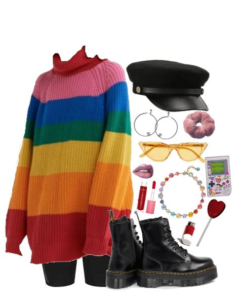 Rainbow Aesthetic Fashion, Pride Theme Outfit, Rainbow Inspired Outfits, Rainbow Winter Outfit, Rainbow Alt Outfits, Rainbow Academia Outfits, Black And Rainbow Outfit, Rainbow Core Outfit, Rainbow Outfit Ideas