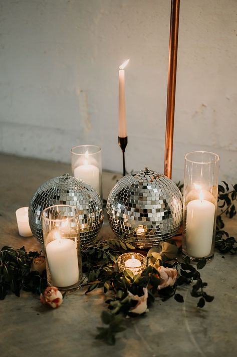 Disco Formal Decorations, Wedding Reception With Disco Balls, Modern Retro Party Theme, Night Time Engagement Party, Low Cost Centerpieces Wedding, Autumn Disco Wedding, Gold Disco Ball Decor, Elegant Nye Party, New Years Wedding Centerpieces