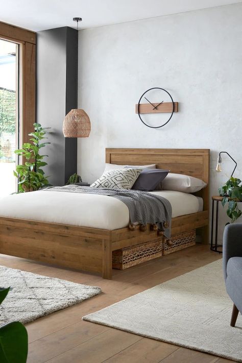 Boho Bedroom Beds & Frames, Modern Rustic Decor Bedroom, Mediterranean Bedroom Ideas, Parent Room, Bedroom Wooden Floor, Bed Makeover, Oak Bed Frame, Wooden Bedroom Furniture, Earthy Bedroom