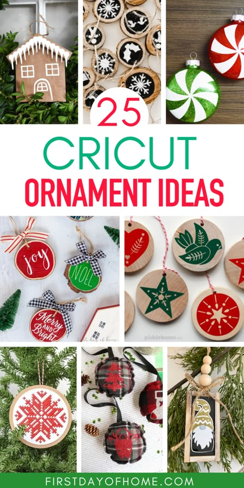 Make these DIY Christmas ornaments with Cricut to add a handmade touch to your Christmas tree decorations or to give as gifts. You'll find all styles of Christmas ornaments from farmhouse ornaments to wooden ornaments. #firstdayofhome #cricut #christmasornaments Flat Christmas Ornaments Cricut, Christmas Ornaments Made With Cricut, Christmas Ornaments Wood Diy, Ornaments Made With Cricut, Christmas Cricut Ornaments Diy, Wooden Christmas Ornaments Cricut, Diy Cricut Ornaments Gift Ideas, Cricut Wooden Ornaments, Diy Christmas Ornaments With Cricut