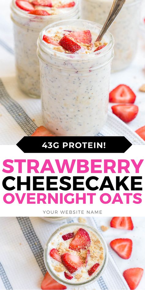 Overnight Oats High Protein, Strawberry Cheesecake Overnight Oats, Cheesecake Overnight Oats, Overnight Oats Recipe Easy, Best Overnight Oats Recipe, Strawberry Overnight Oats, Oat Recipes, Protein Overnight Oats, Oat Recipes Healthy