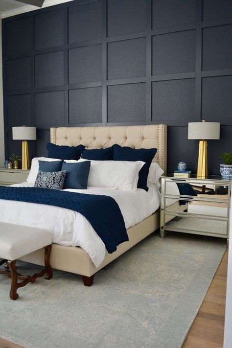 Board And Batten Accent Wall, Batten Accent Wall, Best Bedroom Paint Colors, Dark Accent Walls, Navy Bedrooms, Blue Accent Walls, Moody Bedroom, Bedroom Accent, Accent Wall Bedroom