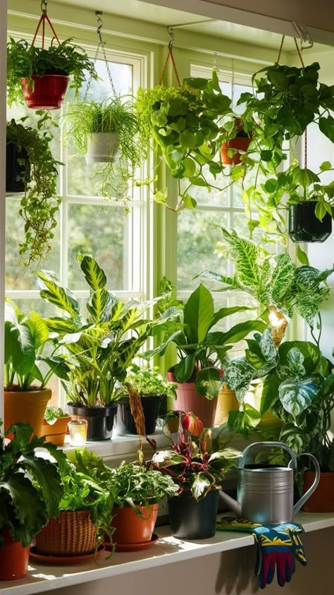 "Indoor window shelf garden filled with plants that thrive in natural light, creating a fresh and vibrant atmosphere in your home. 🌱☀️" Window Gardens Indoor, Window Garden Outdoor, Indoor Garden Ideas Houses, Plant Decor Aesthetic, Plants In Window, Window With Plants, Indoor Window Planter, Living Room Window Decor, Room Window Decor