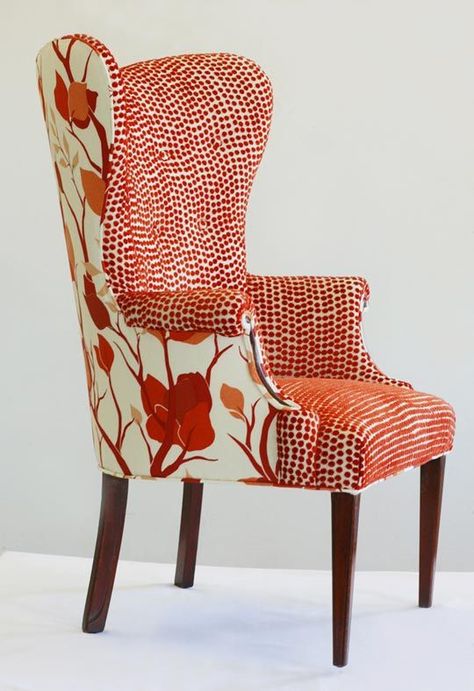 This chair is awesome in so many ways. Wingback chair in orange by Wild Chairy.: Wingback Chairs, Reupholster Chair, Upholstery Ideas, Old Chairs, Chair Ideas, Upholstered Chair, Funky Furniture, Chair Upholstery, Beautiful Chair