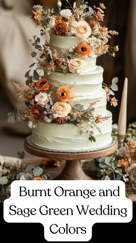 A cake with frosting spread between each layer of wedding cake decorated with sage green buttercream and burnt orange sugar flowers for a rustic and elegant touch. Wedding Colors Green Orange, Rustic Green Wedding Cake, Sage Autumn Wedding, Orange And Green Summer Wedding, Emerald Green Elopement, Simple Green Wedding Cake, Autumn Colors Wedding, Sage Green And Light Terracotta Wedding, Sage Green Autumn Wedding