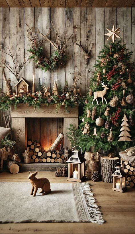 Nature Themed Christmas Tree Decorating Ideas, Forest Animals Decorations, Classy Rustic Christmas Tree, Camping Theme Christmas Tree, Woodsy Christmas Decor Ideas, Rustic Woodsy Christmas Tree, Woodland Xmas Tree, Rustic Christmas Fireplace Decor, Rustic Woodland Christmas Decor