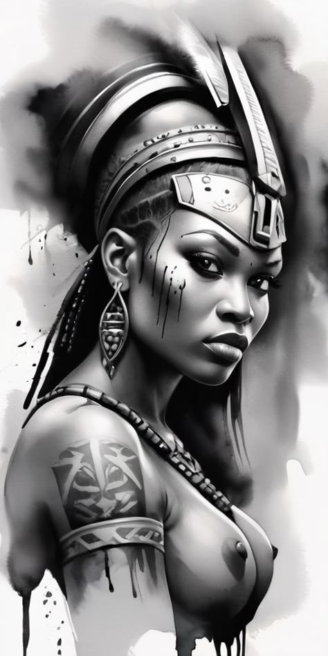 Woman Warrior Tattoo Design, Black Warrior Tattoo, African Women Art Drawing, Black Warrior Woman, Woman Warrior Tattoo, African Tattoo Ideas, Warrior Tattoo Design, African Warrior Tattoos, Aztec Warrior Tattoo