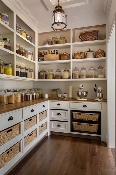 Butlers Pantry Food Storage, Pantry With Kitchen Cabinets, Walk In Pantry Shelf Ideas, Pantry With Built Ins, Pantry Off Of Kitchen, House Design Pantry, Custom Pantry Ideas Cabinets, Dream Kitchen Pantry, Pantry Farmhouse Style