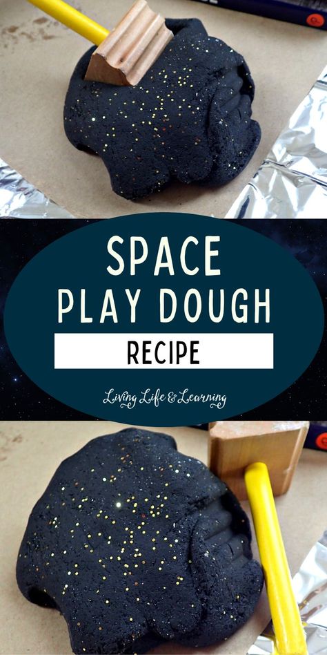 Our new favorite is this Outer Space Inspired Play-Dough Recipe. It is easy to make, has a fun color & sparkle, and can lead to fun activities all about outer space! Space Theme Water Play, Outer Space Crafts For Preschoolers, Outer Space Curriculum For Preschool, Night Day Preschool Activities, Neptune Preschool Activities, Diy Space Party Favors, Moon And Stars Preschool Activities, Planet Sensory Bin, Kindergarten Space Crafts