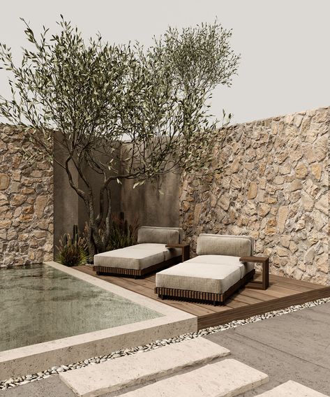 T . E . R . R . A sur Behance Building A Pool, Interior Modern, Olive Tree, Dream House Decor, Backyard Pool, Outdoor Design, Pool House, House Inspo, Stone Wall